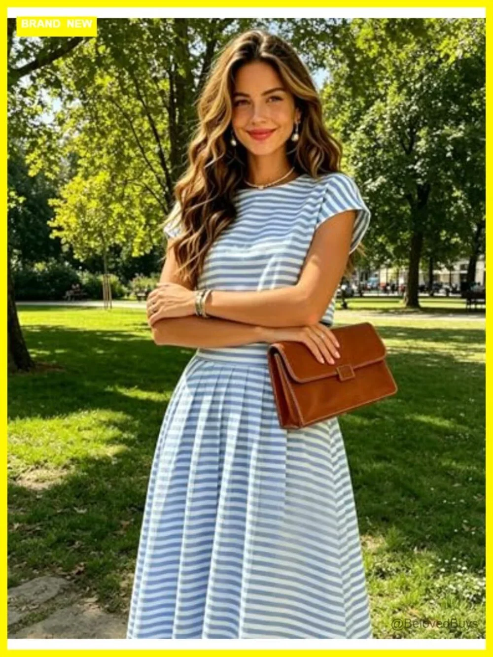 Striped 2 Piece Outfit Cap Sleeve Crop Top Midi Skirt Set Travel Matching